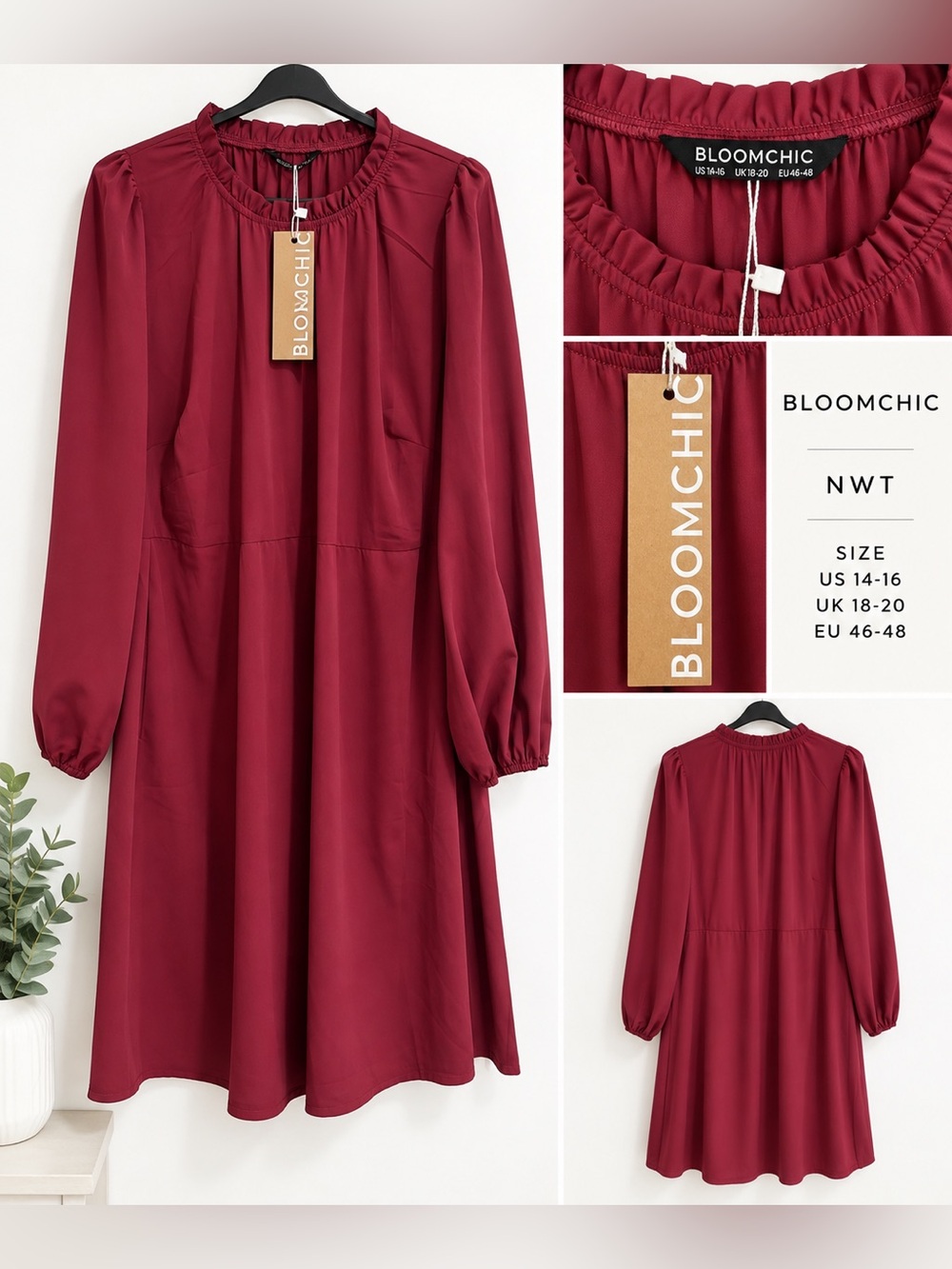 NWT BloomChic Burgundy Long Sleeve Flowy Dress Size 14-16